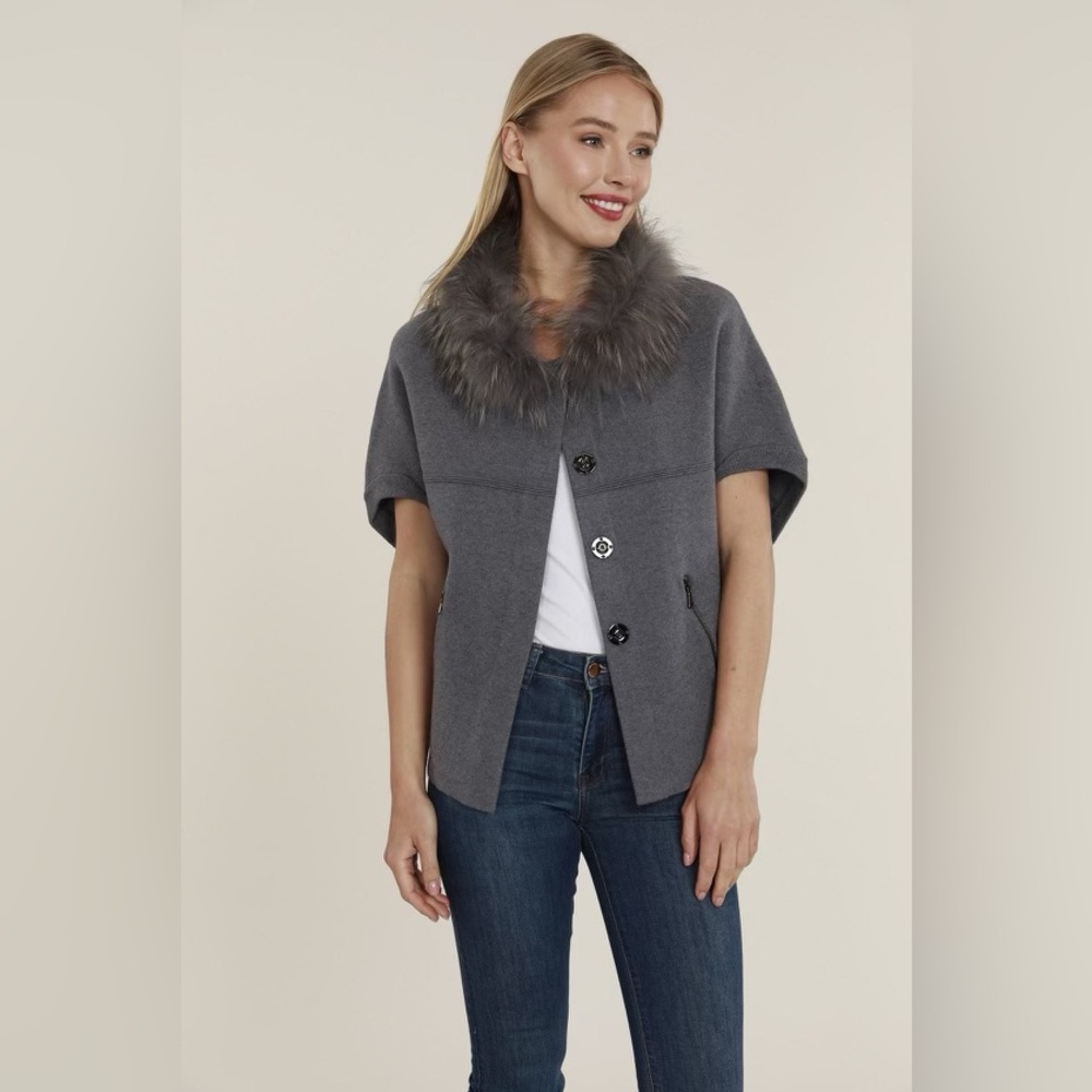 Dolce Cabo Natural Fur Collar Short Sleeve Cardigan